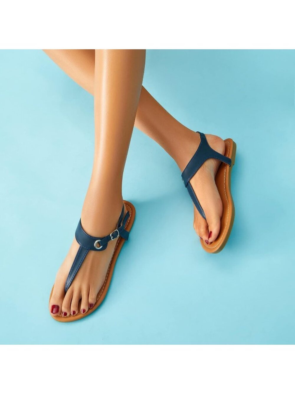 Women's Navy Blue1 Adjustable Ankle Buckle with T-Strap Flats Thong Sandals - Picture 2 of 6